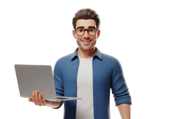 Man holding laptop and smiling at camera isolated on transparent background