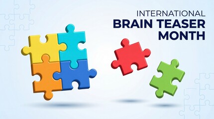 A vibrant arrangement of colorful puzzle pieces floats against a light blue backdrop promoting international brain teaser month celebrations high quality