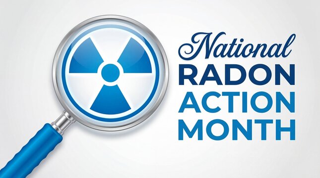An illustration depicts a magnifying glass focusing on a radiation symbol alongside the text national radon action month in blue tones