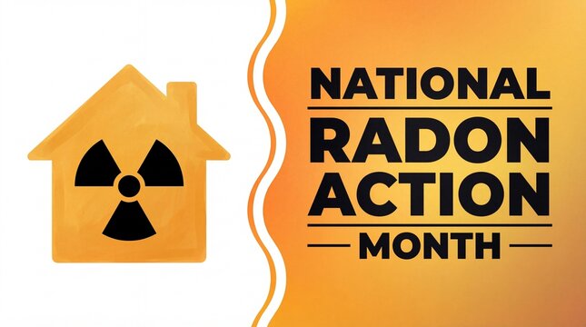 This image promotes national radon action month featuring a house symbol with a radiation warning sign inside it emphasizing awareness