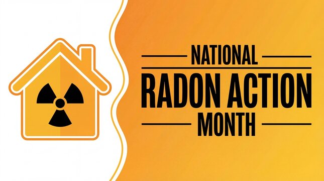 This image depicts national radon action month awareness with a house symbol containing a radiation warning sign on an orange background