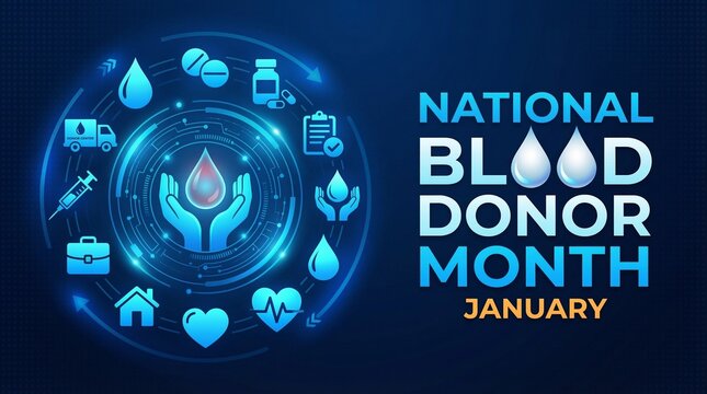A vibrant digital illustration promotes national blood donor month in january featuring medical icons and caring hands supporting a blood drop