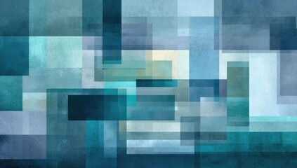 Abstract composition of overlapping rectangular shapes in various shades of blue and teal