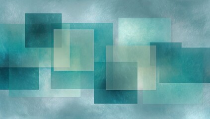 Abstract composition of overlapping translucent squares in various shades of teal on a textured background