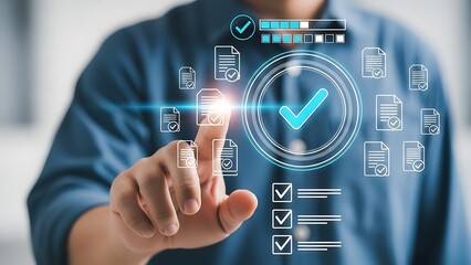 Businessman interacting with digital interface for task management and organization