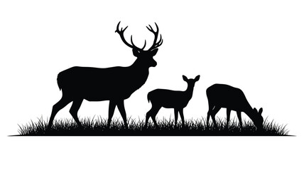 Naklejka premium A family of deer grazing in a field striking black silhouette
