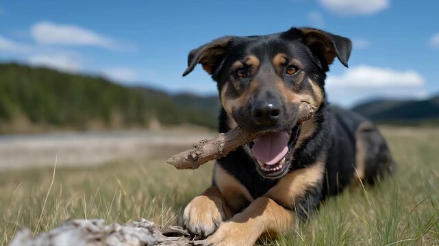 A joyful dog playing fetch in a wide-open field, with a bright blue sky and green grass, highlighting the bond between pets and their owners in a carefree and playful atmosphere. cinematic color