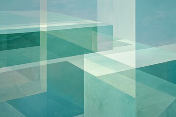 Abstract geometric composition with overlapping shapes in pastel green and blue hues, creating a layered effect
