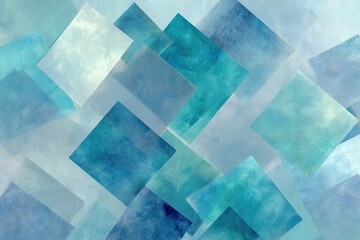 Abstract digital art with overlapping translucent and textured squares in shades of blue