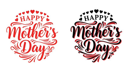 Set of happy mothers day typography texts with decorative swirls and hearts