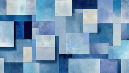 A mosaic of textured rectangles in varied shades of blue, from deep indigo to light sky