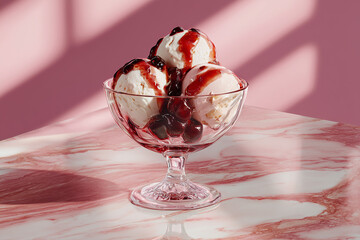 Cherry Sundae on Pink Marble. Cherry-topped ice cream sundae on pink marble. Ideal for food blogs, recipe sites, or dessert promotions.