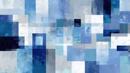 Abstract rectangular design features overlapping blocks in various shades of blue, white, and gray