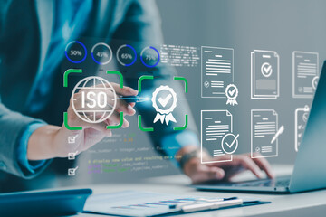Businessman using digital interface to access ISO certification, quality assurance documents, and data compliance standards, symbolizing quality control, auditing, and international standardization.