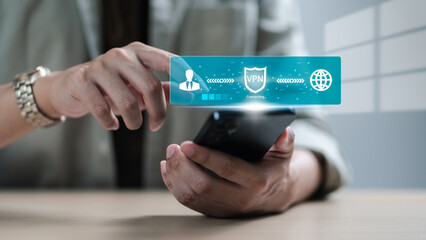 User activating VPN connection on smartphone to ensure secure internet access, encrypted data transmission, and online privacy protection in a digital environment. VPN, connection, secure, internet