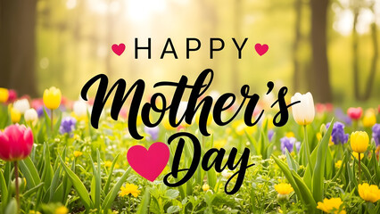 Happy mothers day greeting with colorful flowers in a sunny meadow with trees