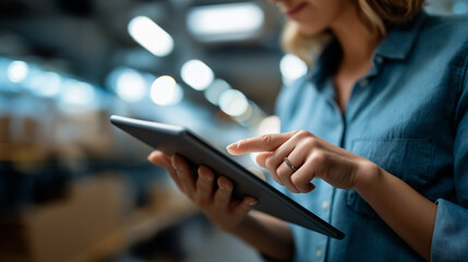 Logistics service warehouse management inventory concept faceless female worker using digital tablet  warehouse operations supply chain control distribution center