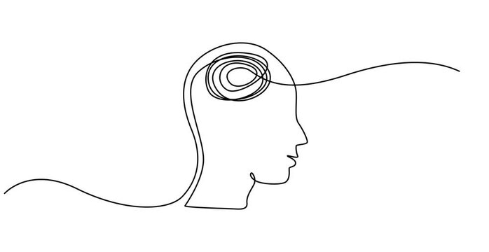 Head with confused thoughts one line art animation, hand drawn continuous contour drawing motion. Mental health concept, muddled feelings,worry and anxiety online,template outline.4k self-drawing