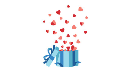 Enchanting blue gift box with its lid open, releasing a joyful cascade of floating pink and red heart shapes, beautifully symbolizing love, romance, and surprise.