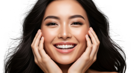 Beautiful woman with long dark hair smiling and holding her face with both hands isolated on transparent background