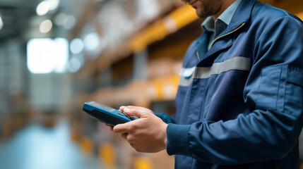 Faceless warehouse workers use scanner checking scan barcode stock inventory storage system smart warehouse management supply chain logistic network technology