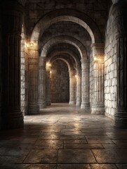 Fototapeta premium Corridors made of ancient stone are illuminated by soft light, revealing details of the weathered walls and stunning arches.