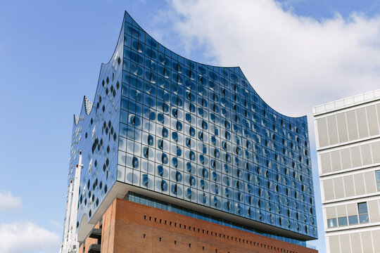 Hamburg, Germany - Glass facade of the Elbphilharmonie against blue sky