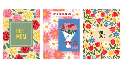 Three different mothers day cards with floral designs on white background