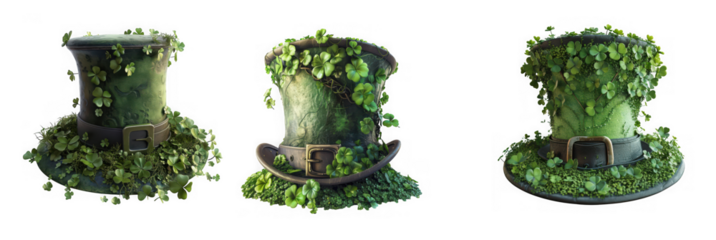 three vintage wizard hats adorned with lush green foliage and belts on transparent background high quality