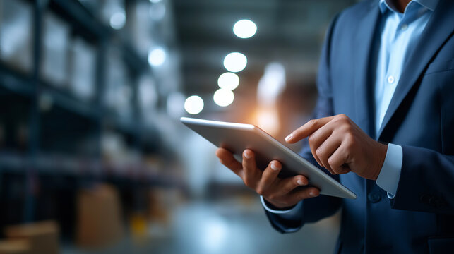 Industry 4.0 concept logistic transport faceless businessman manager using tablet  check control planning modern trade warehouse logistics supply chain management - Powered by Adobe