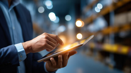 Smart warehouse inventory management system concept faceless manager using digital tablet  warehouse software dashboard blurred warehouse background logistics techno