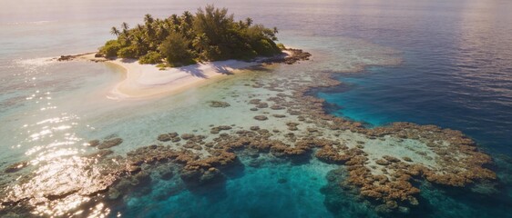 A serene tropical island surrounded by clear blue water and coral reefs, featuring lush greenery and a sandy shore under a bright sky.