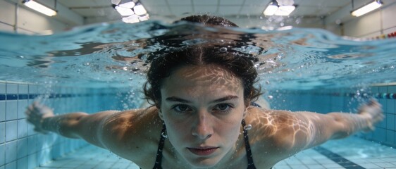 A swimmer glides underwater, showcasing determination and grace, surrounded by shimmering water and light reflections.