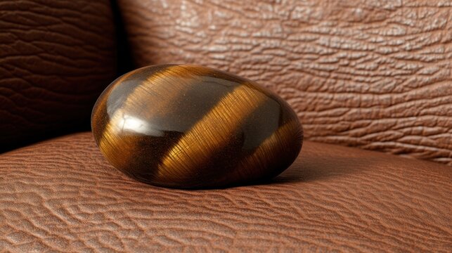 A polished tigers eye gemstone with characteristic chatoyancy resting on a textured brown surface