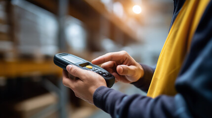 Faceless warehouse workers use scanner checking scan barcode stock inventory storage system  smart management supply chain logistic network technology defocused