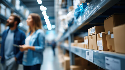 Obraz premium Above view faceless warehouse workers group in aisle between rows tall shelves full packed boxes goods inventory logistics operations distribution center
