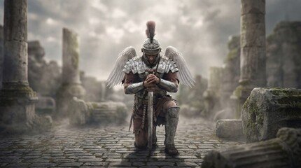 Fototapeta premium A majestic warrior with angelic wings kneels in a ruined ancient setting, embodying themes of strength and spirituality amidst a dramatic sky.