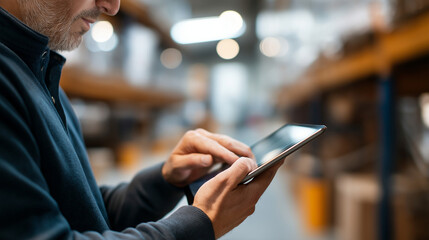 Faceless warehouse worker holding tablet analyzing data screen manage inventory efficiently  modern storage facility supply chain management logistics operations