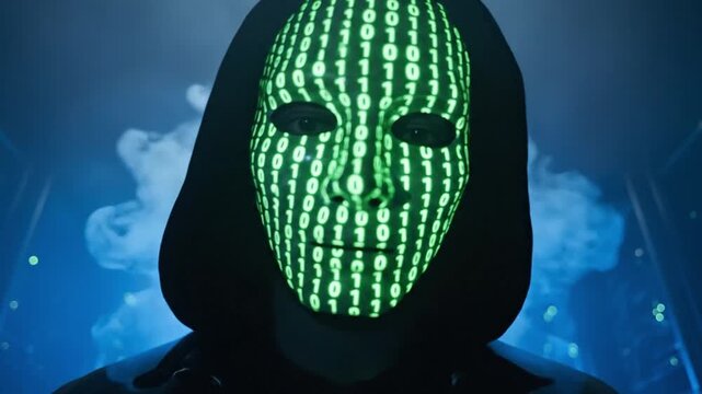 Mysterious Figure in Hooded Cloak with Binary Code Mask in Dark Space
