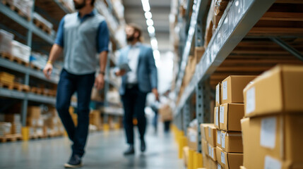 Above view faceless warehouse workers group in aisle between rows tall shelves full packed boxes  goods inventory logistics operations distribution center