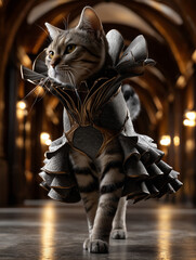 Un gatto regale che sfila con un abito scultoreo di alta moda, sullo sfondo di un edificio architettonico