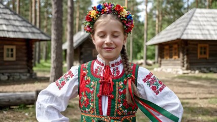 Calm Child Poses Traditional Outfit Wooden Houses Forest