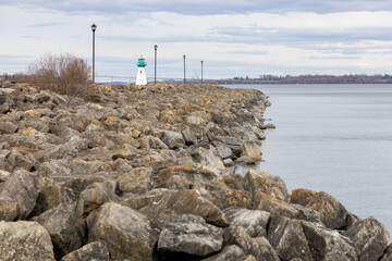 Prescott waterfront and lighthouse on St. Lawrence River in Ontario, Canada