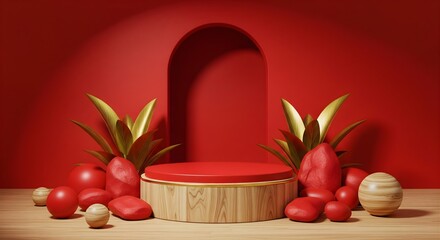 Modern wooden podium pedestal for product display with red arch backdrop and organic elements including smooth stones and golden leaves on light wood surface for cosmetics and wellness marketing
