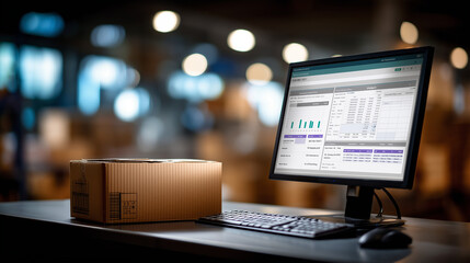 Warehouse management innovative software in computer real time monitoring goods package delivery  screen smart inventory dashboard storage supply chain distribution