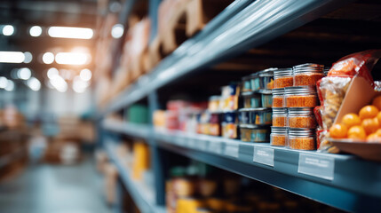 Products on inventory shelves storage display warehouse  organized merchandise retail distribution supply chain management logistics operations defocused