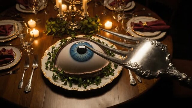 A giant human eyeball served on a fancy dinner table with silverware and candles