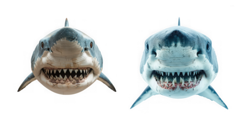 Detailed close up view of two great white shark heads displaying formidable teeth on transparent background