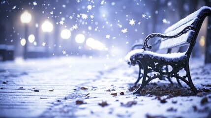 A quiet winter scene with gentle snowflakes falling onto a snow-covered park bench and frosted ground with blurred distant lights creating a serene atmosphere