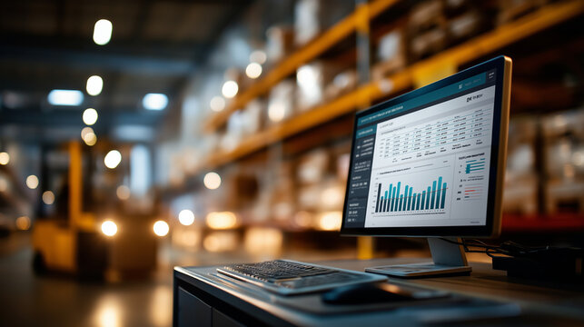 Advanced analytics software displayed on computer screen in warehouse productivity efficiency  logistics inventory management data visualization supply chain - Powered by Adobe